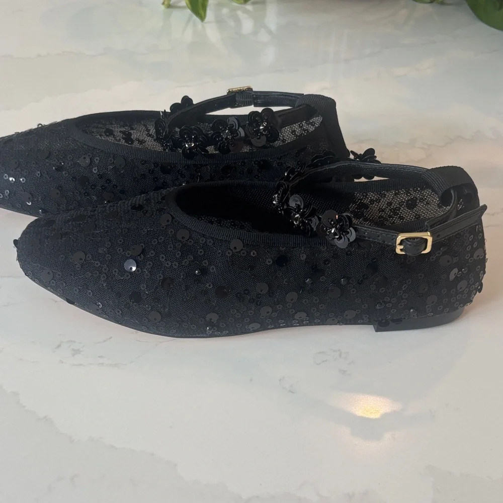 J. Crew Quinn Black Sequin And Mesh Ballet Flats w/Removable Ankle Strap Sz 7.5 - Picture 8 of 12